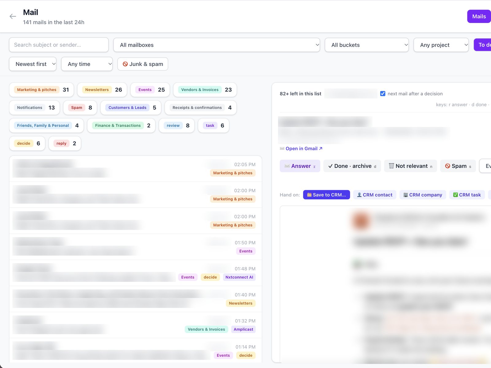 SalesMotion's mail agent sorting the inbox into buckets (names and messages blurred)